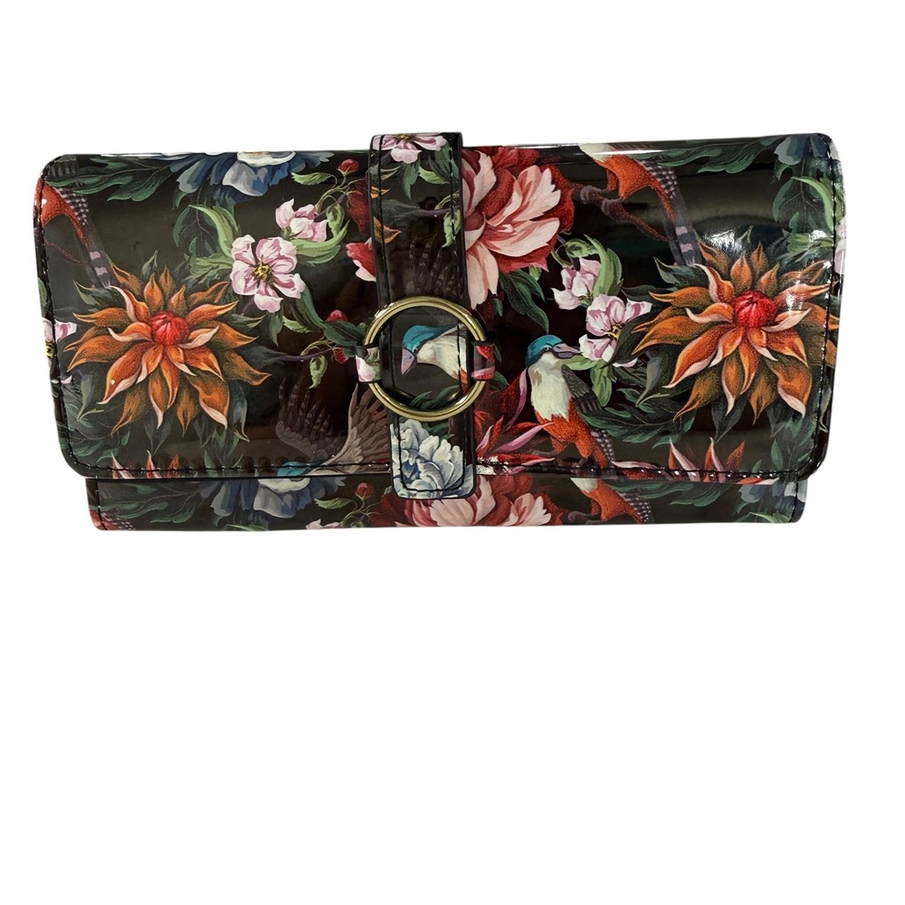 Mundi Black Floral Bird Patent Leather RFID Wallet Cash Coupons Receipts NWOT